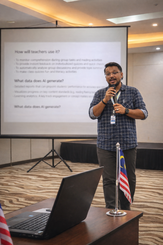 Fitri Salim speaking at a presentation about AI and education