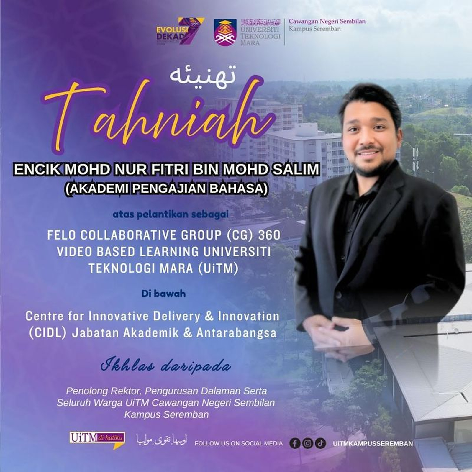 UiTM congratulatory poster for Fitri Salim’s CG360 Video-Based Learning appointment.