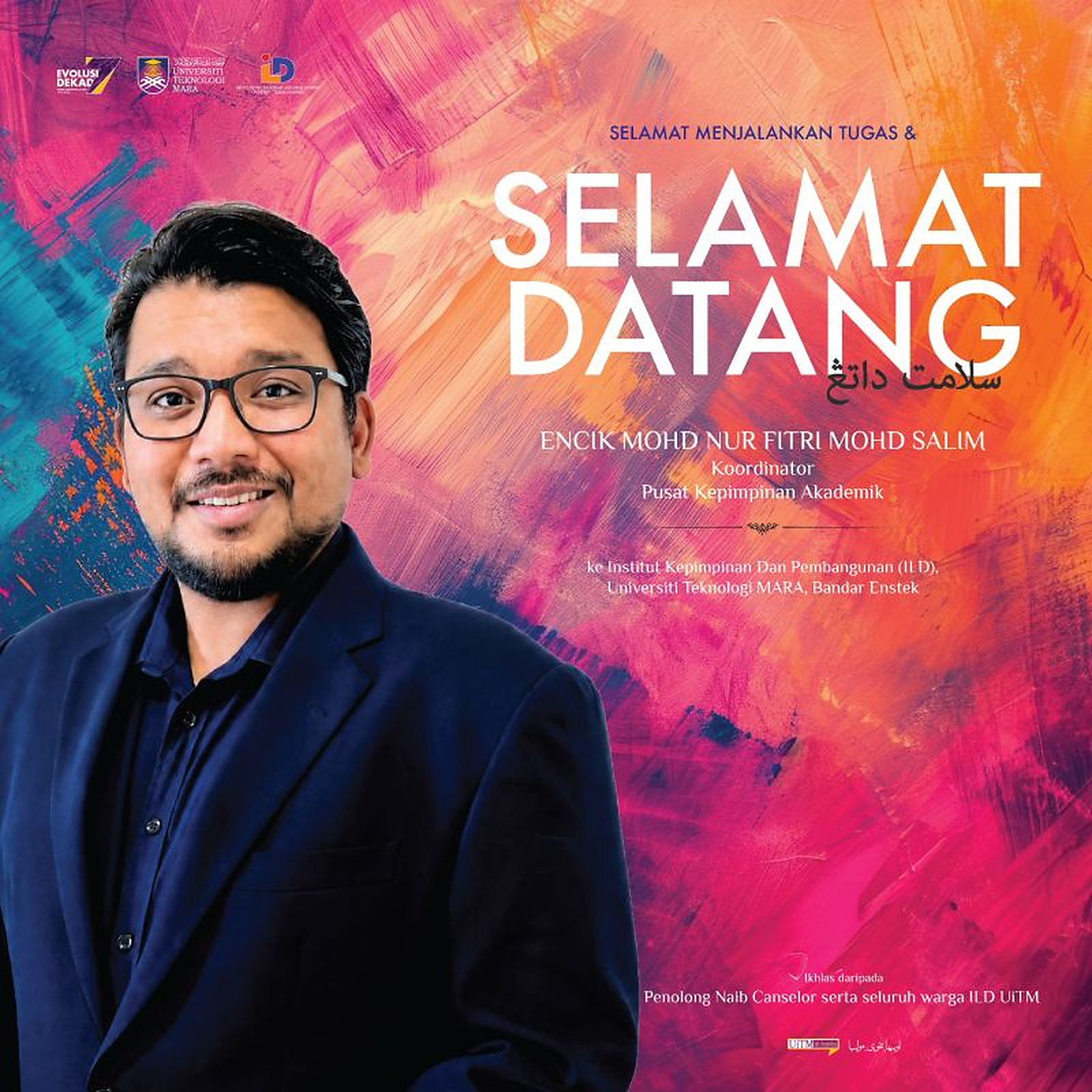 Welcome poster for Fitri Salim as Coordinator of Pusat Kepimpinan Akademik.